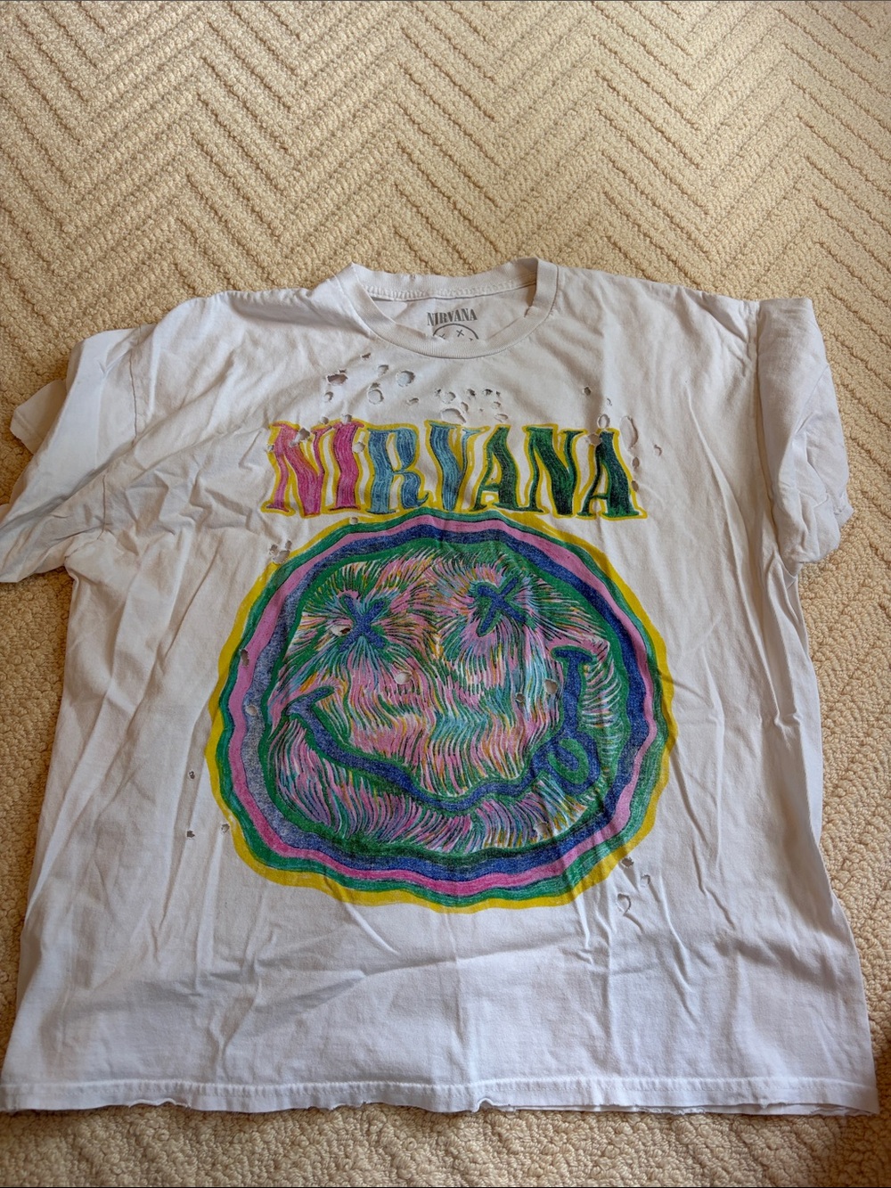 Urban Outfitters White Nirvana Tee with Multicolor Smiley Graphic